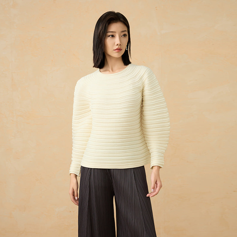 2025 Winter Japanese Pleated Sweater – Crew Neck, Soft Knit, Long Sleeve Solid Color Style