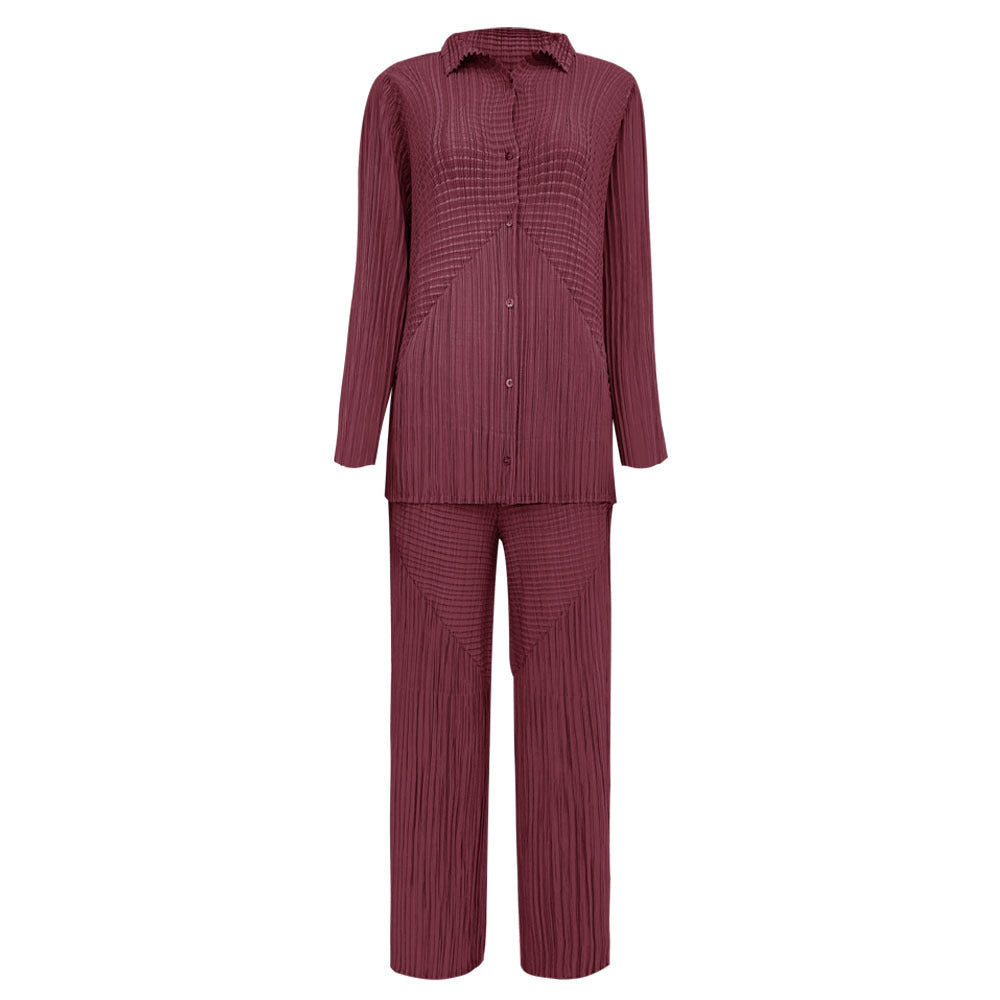 Pleated Solid Color Shirt and Straight Pants Set – Chic Two-Piece Outfit