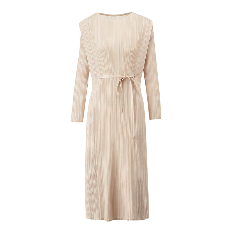 2025 Spring Summer Pleated Maxi Dress – Solid Color, Crew Neck, Lace-Up Waist, Elegant Style