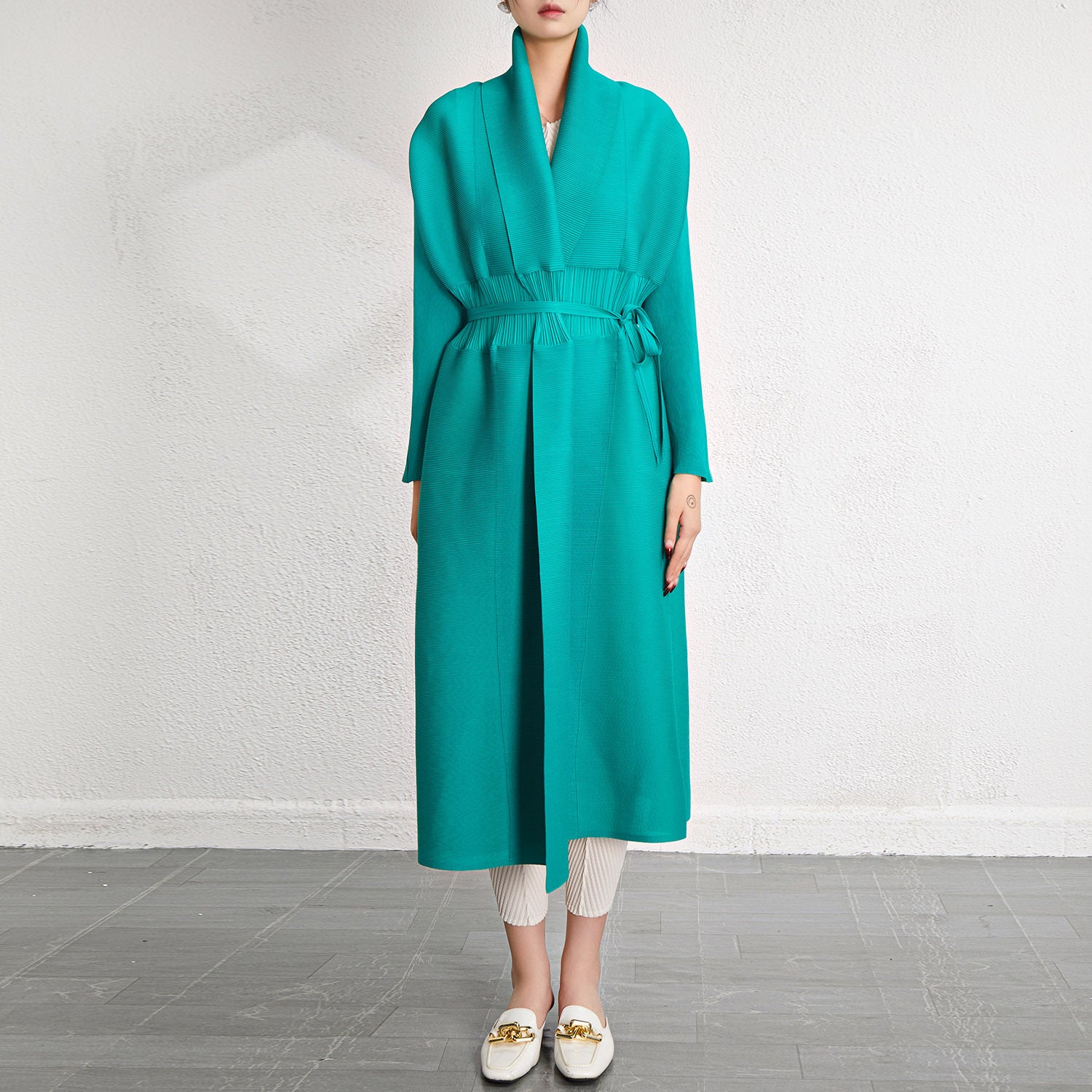 Pleated Midi Shawl Cardigan Coat – Elegant Lightweight Layer for Women