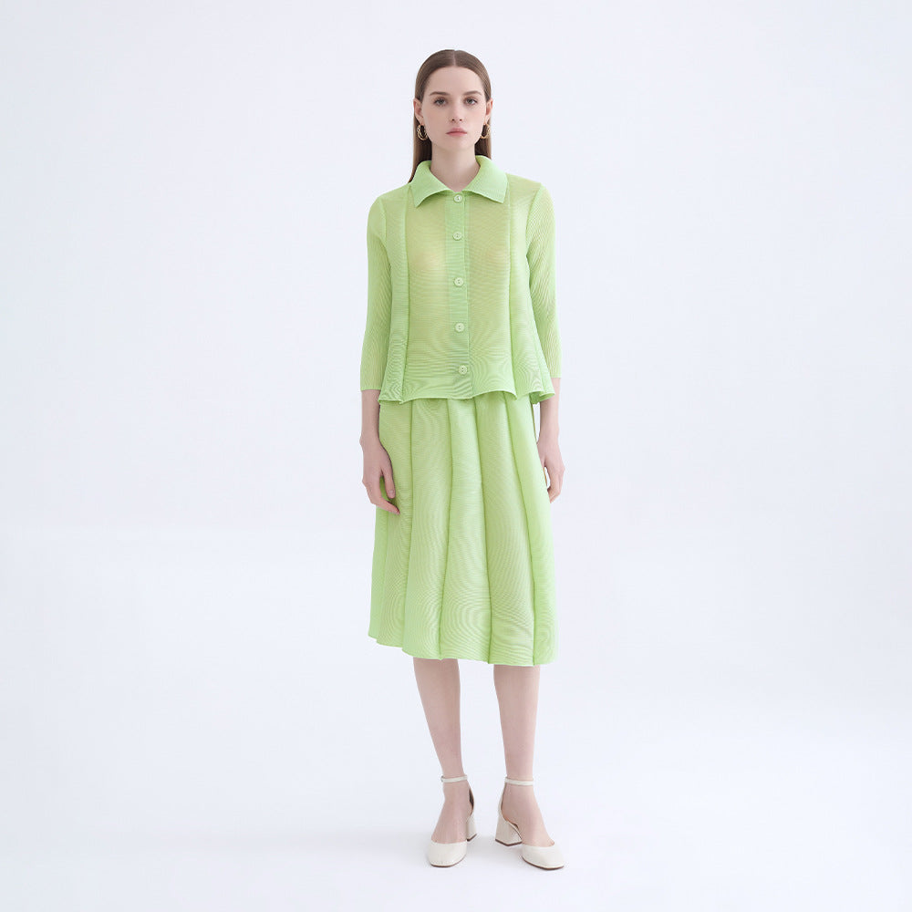 Pleated Two-Piece Set – Buttoned Cardigan Top and Puffy Skirt