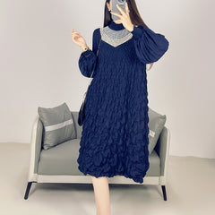 2025 Fall Winter Pleated Beaded Dress – Long Sleeve, Slimming Elegant Maxi Style for Women