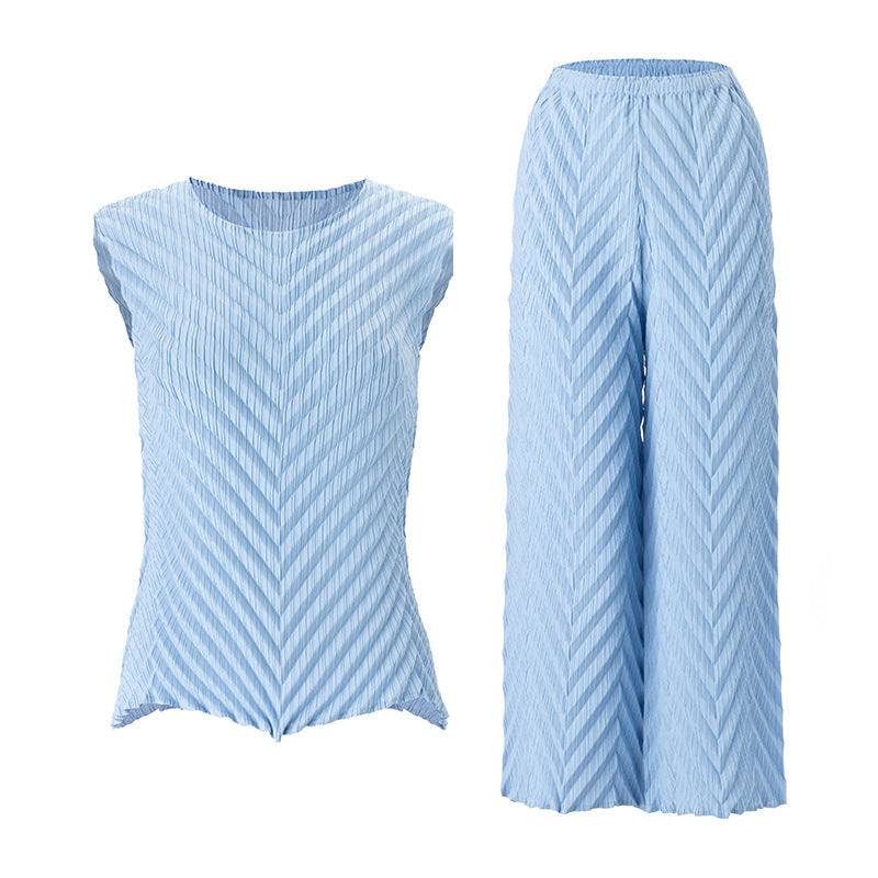 2025 Summer Pleated Plaid Two-Piece Set – Dopamine Vest & Straight-Leg Pants, Stylish and Comfortable