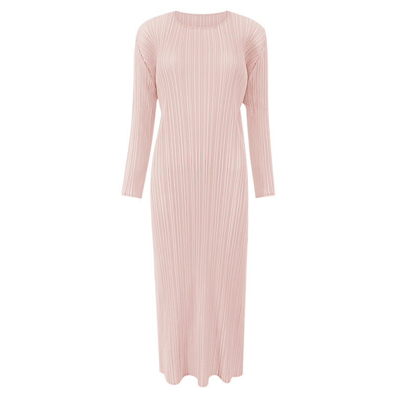 Pleated Solid Color Midi Dress – Slim Long Sleeve Slit Style