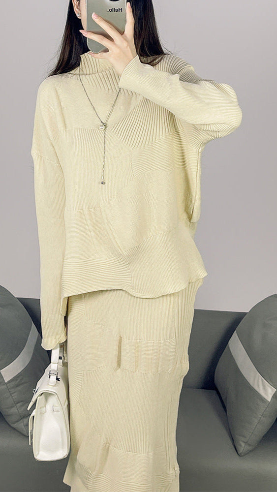 2025 Fall Winter Pleated Sweater Two-Piece Set – Semi-Turtleneck Top & Casual Skirt, Loose Fit Style for Women