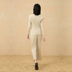2025 Fall Pleated Long Sleeve T-Shirt & Straight-Leg Pants Set – Relaxed Solid Color, Everyday Comfort
