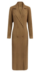 Pleated Double-Breasted Coat – Slim Suit Collar Long Sleeve Outerwear