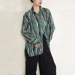 French vintage green long-sleeved shirt women's 2025 pleated new design shirt niche non-collision top
