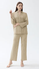 Pleated Solid Color Shirt and Straight Pants Set – Chic Two-Piece Outfit