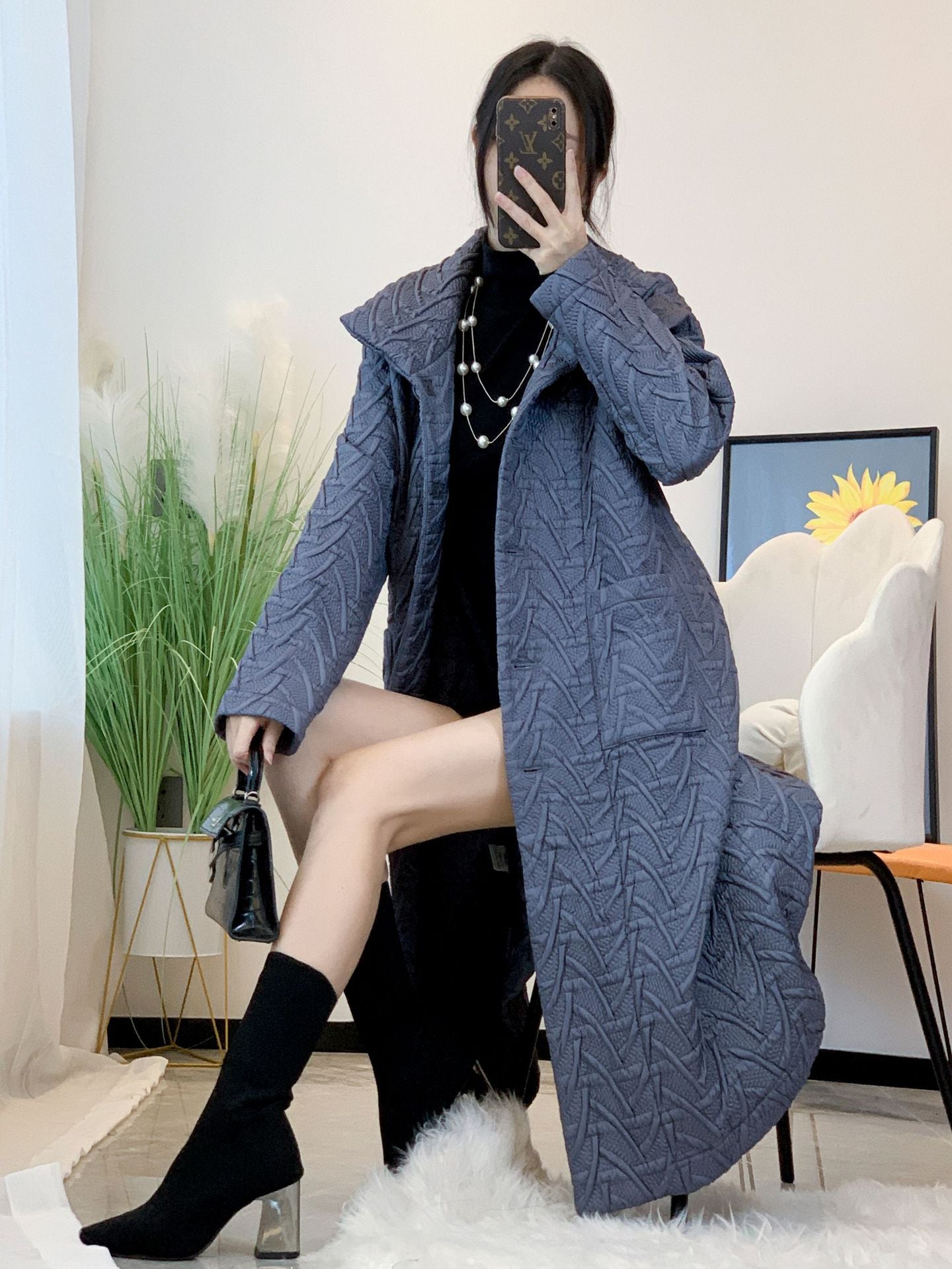 2025 Fall Winter Pleated Cotton Jacket – Stand Collar, Mid-Length, Thickened Warm Casual Coat for Women