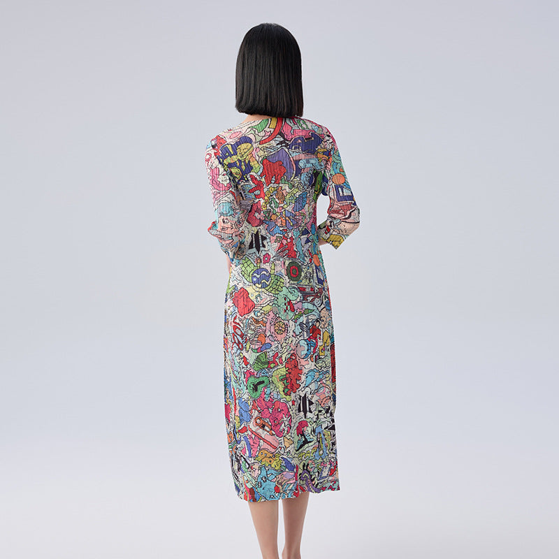 Women’s Summer Pleated Maxi Dress – Graffiti Print Loose Slimming Style