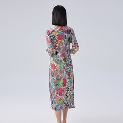 Women’s Summer Pleated Maxi Dress – Graffiti Print Loose Slimming Style