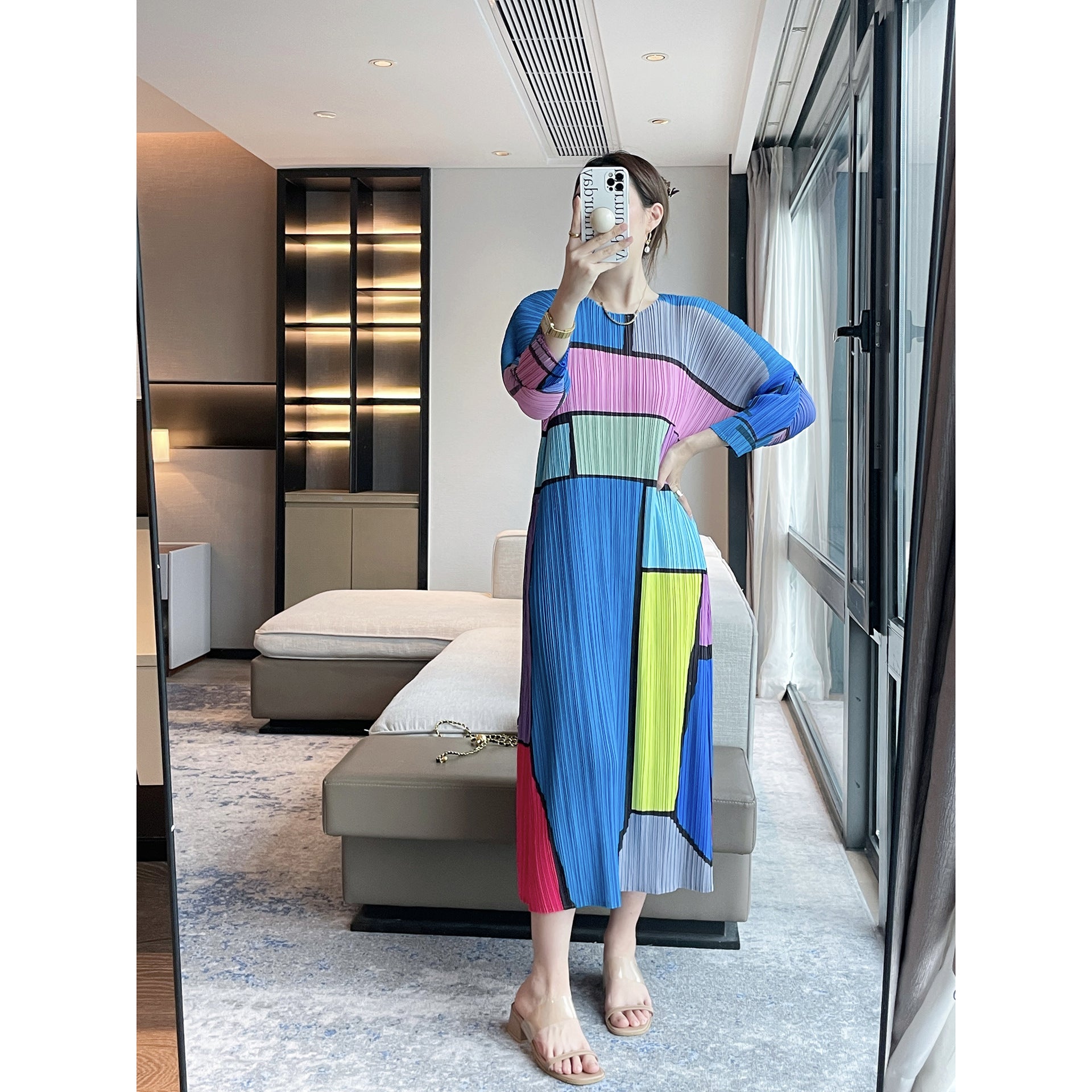 Women’s Spring Pleated Maxi Dress – High-End Plaid Print Slim Fit Crew Neck Style