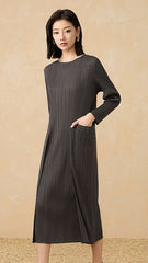 2025 Fall Winter Pleated Long Sleeve Dress – Slim Fit, Elegant Maxi Style for Women