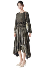 Pleats Please Flared Sleeve A-Line Dress – Irregular Hem Pleated Autumn Winter Style