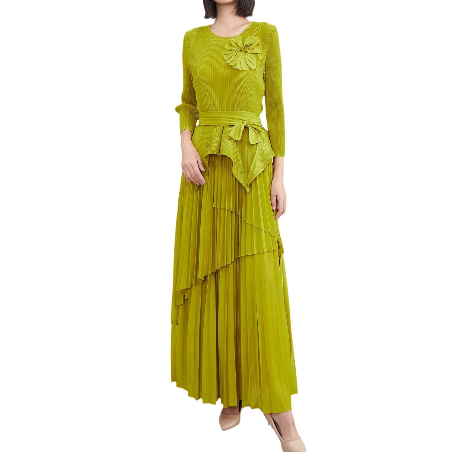 Pleats Please Two-Piece Set – Lace-Up Pleated Top & Irregular Swing Skirt