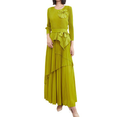 Pleats Please Two-Piece Set – Lace-Up Pleated Top & Irregular Swing Skirt