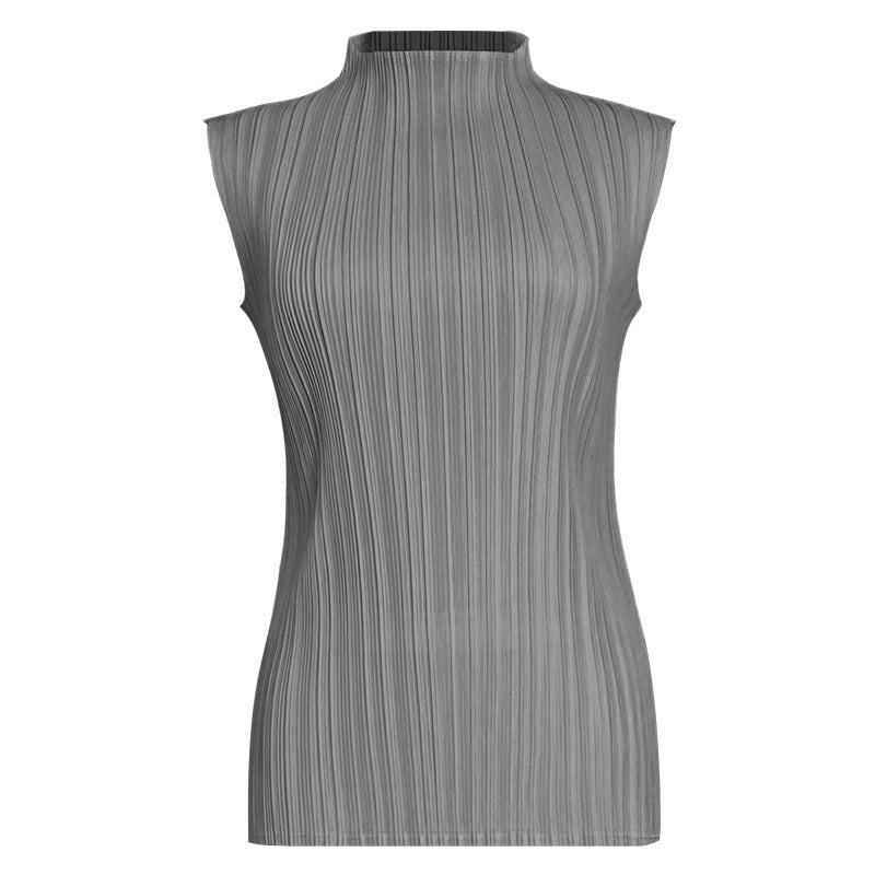 Pleats Summer Slim Sleeveless High-Neck Pleated Vest – Elegant Basic Top