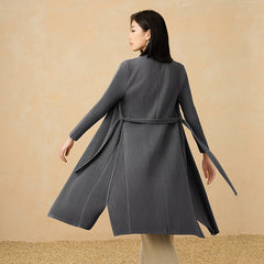 2025 Fall Pleated Long Trench Coat – Thick Fabric, Elegant Style, Lace-Up Mid-Length Jacket