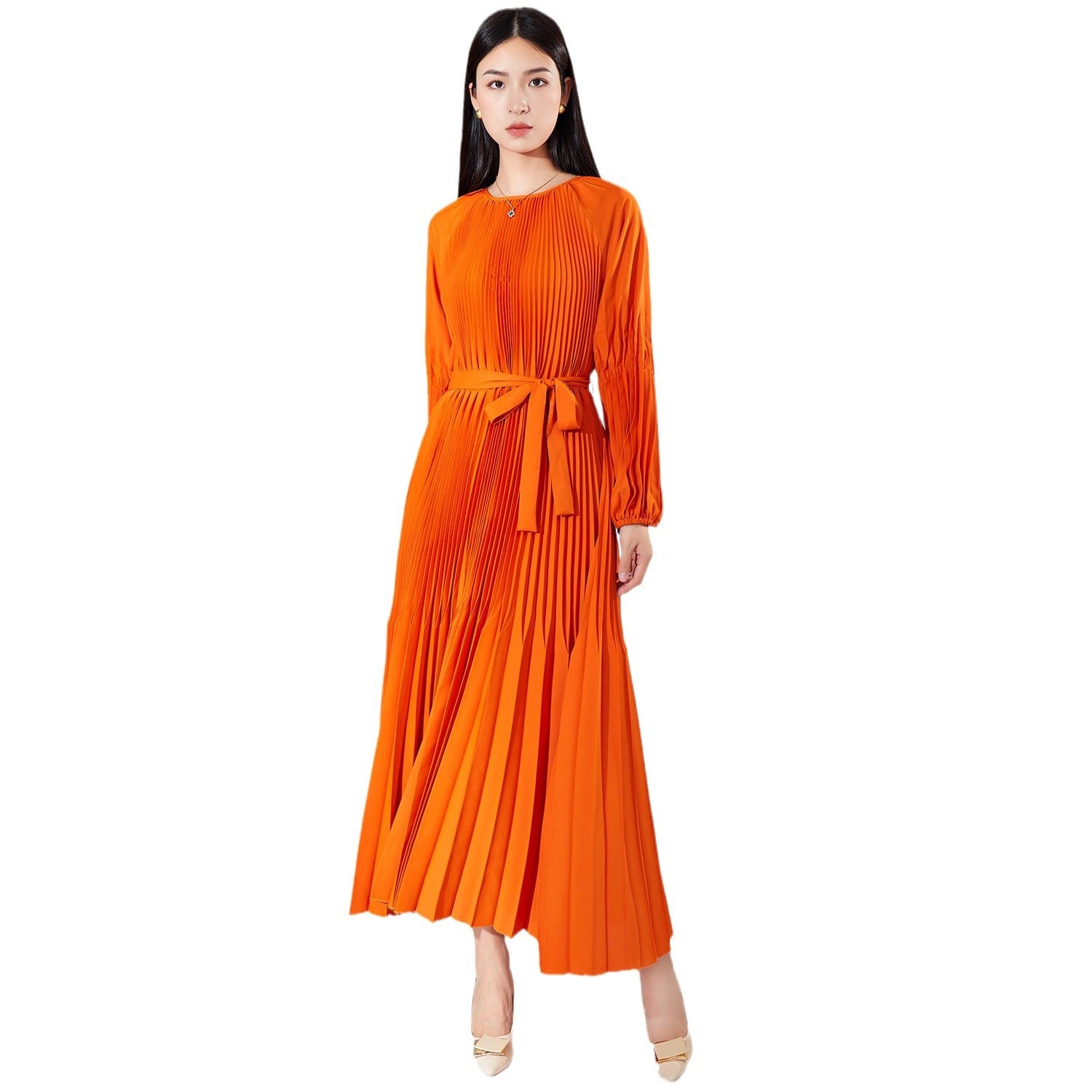 Pleats Please Solid Color Maxi Dress – Lace-Up Waist Elegant Pleated Long Dress