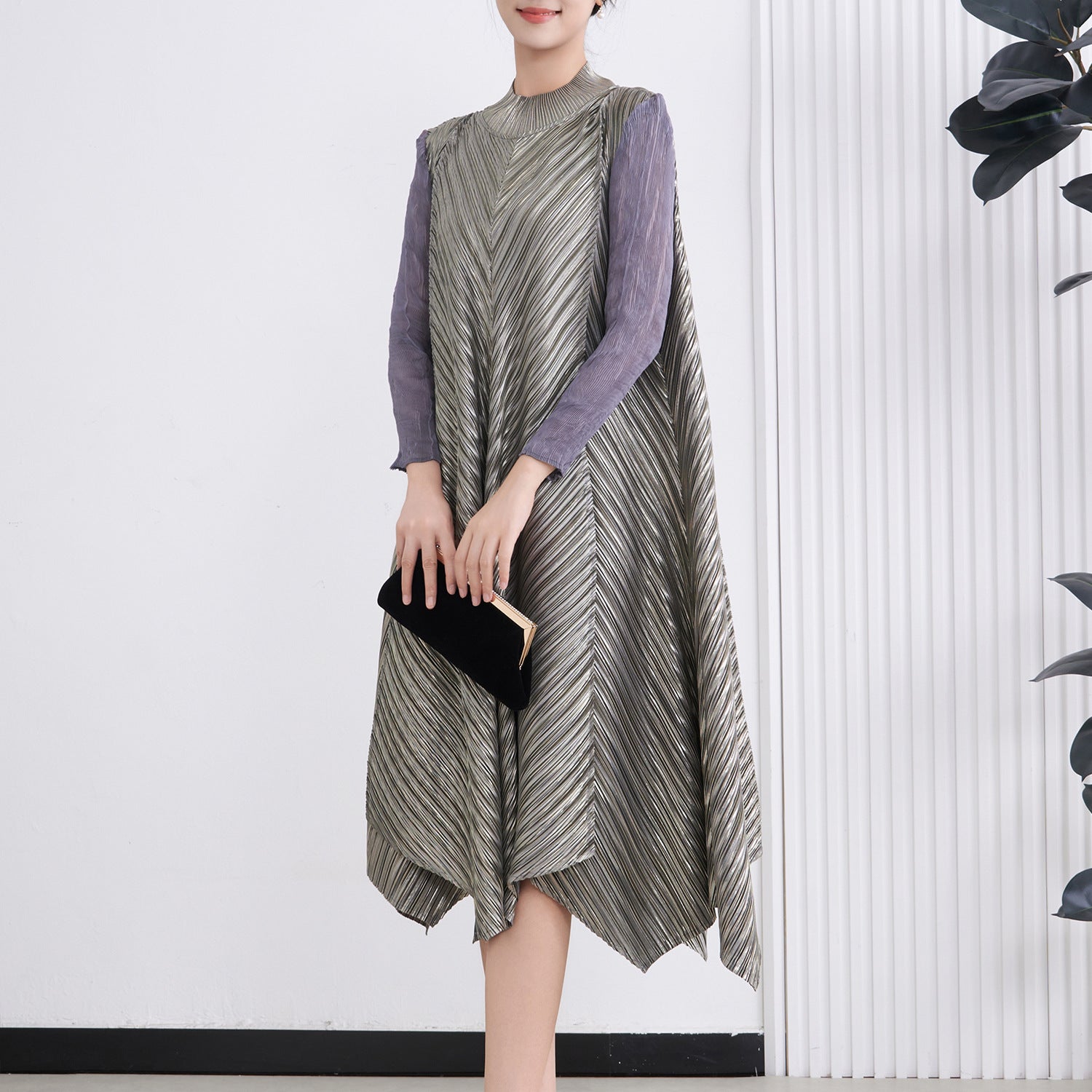 Pleated Gilded Irregular Long Dress – Elegant Evening Maxi for Women