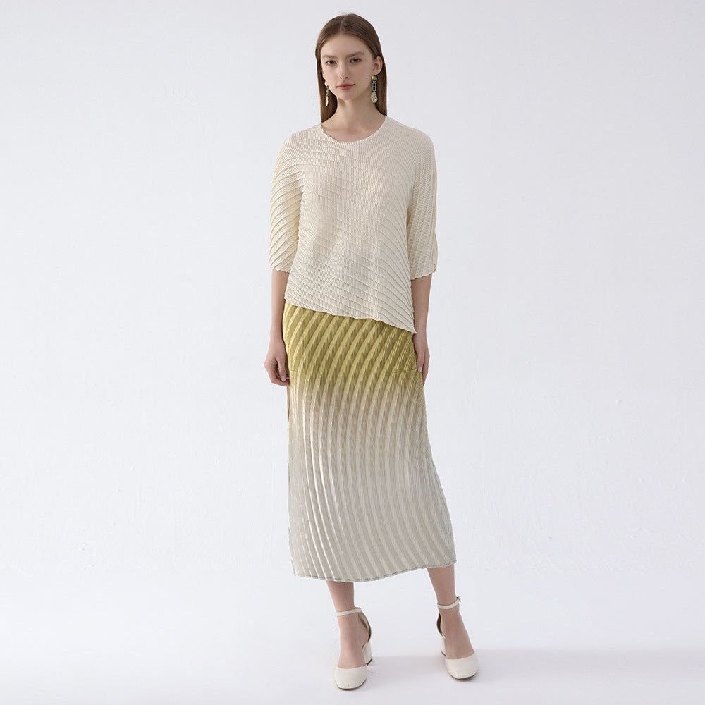 Pleated Fish Scale Gradient Skirt – High Waist A-Line Slit Design