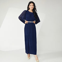 Pleats Please Lantern Sleeve Maxi Dress – Plus-Size Friendly Elegant Pleated Long Dress