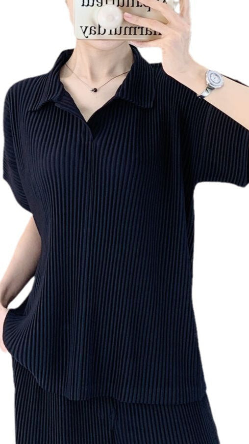 Miyake quality T-shirt top, unisex high-end fashion temperament, versatile polo shirt, casual simple short sleeves