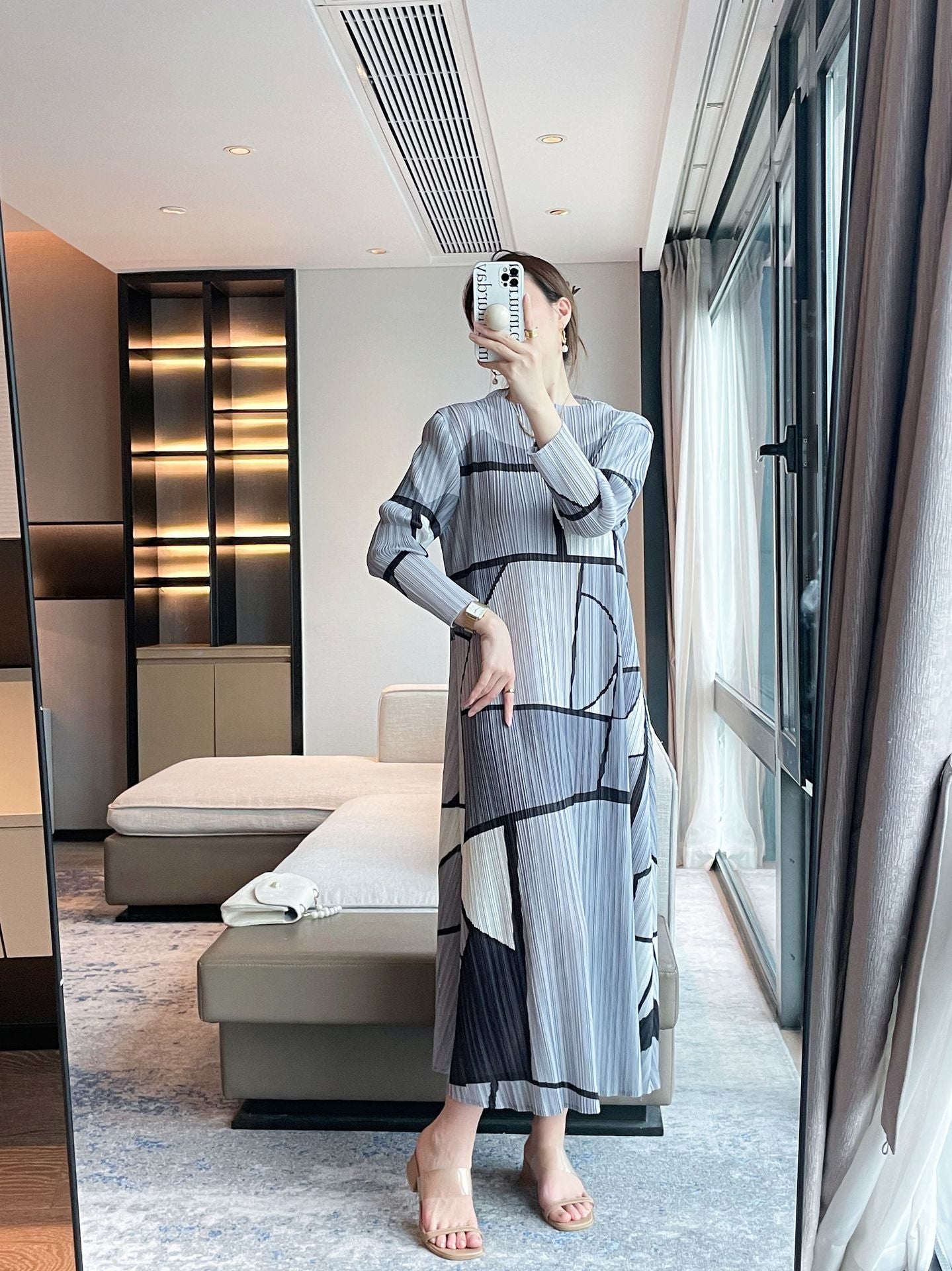 Women’s Spring Pleated Maxi Dress – Geometric Print Slim Fit Elegant Style