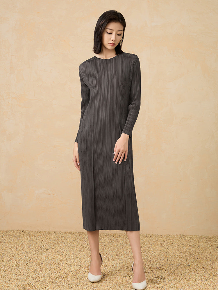 2025 Fall Winter Pleated Long Sleeve Dress – Slim Fit, Elegant Maxi Style for Women