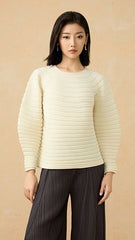 2025 Winter Japanese Pleated Sweater – Crew Neck, Soft Knit, Long Sleeve Solid Color Style