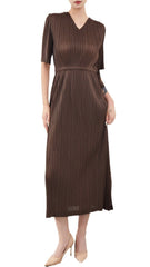 Pleats Please V-Neck Dress – Short-Sleeve Pleated Maxi, Loose Slimming Style
