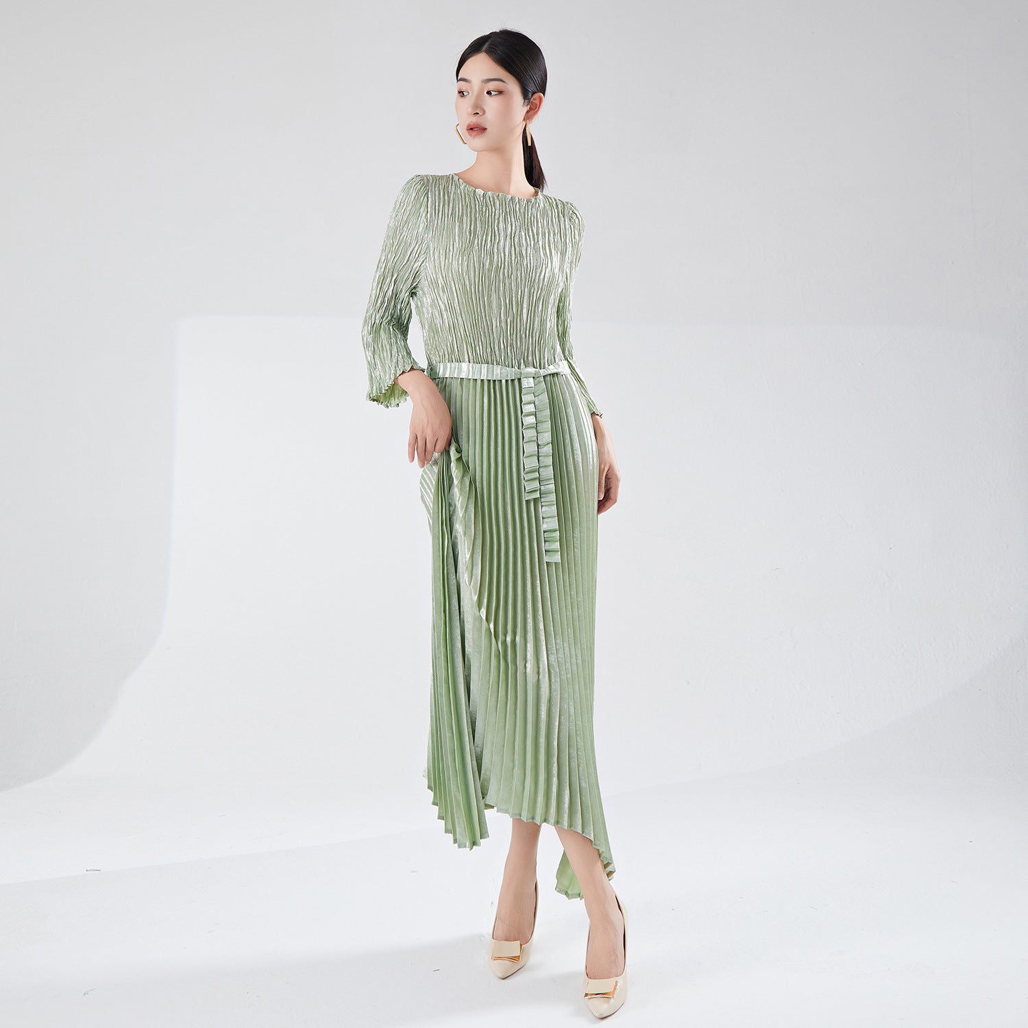 Pleats Please Irregular Bronzing Maxi Dress – Elegant Lace-Up Pleated Long Dress