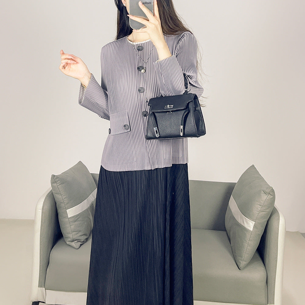 2025 Fall Winter Pleated Striped Jacket – Minimalist Crew Neck, Single-Breasted Casual Style for Women