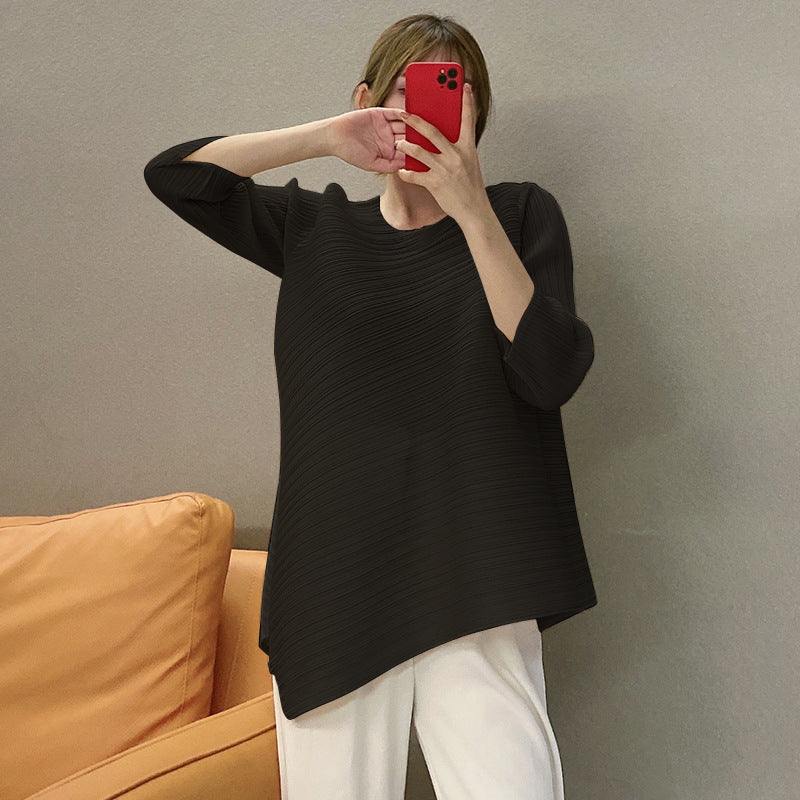 Pleats Please Irregular Pleated Top – Loose 3/4 Sleeve Crew Neck T-Shirt