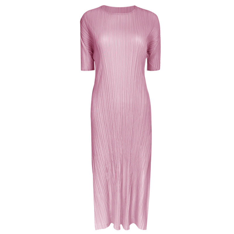 Pleated A-Line Dress – Solid Color Slim Fit Midi