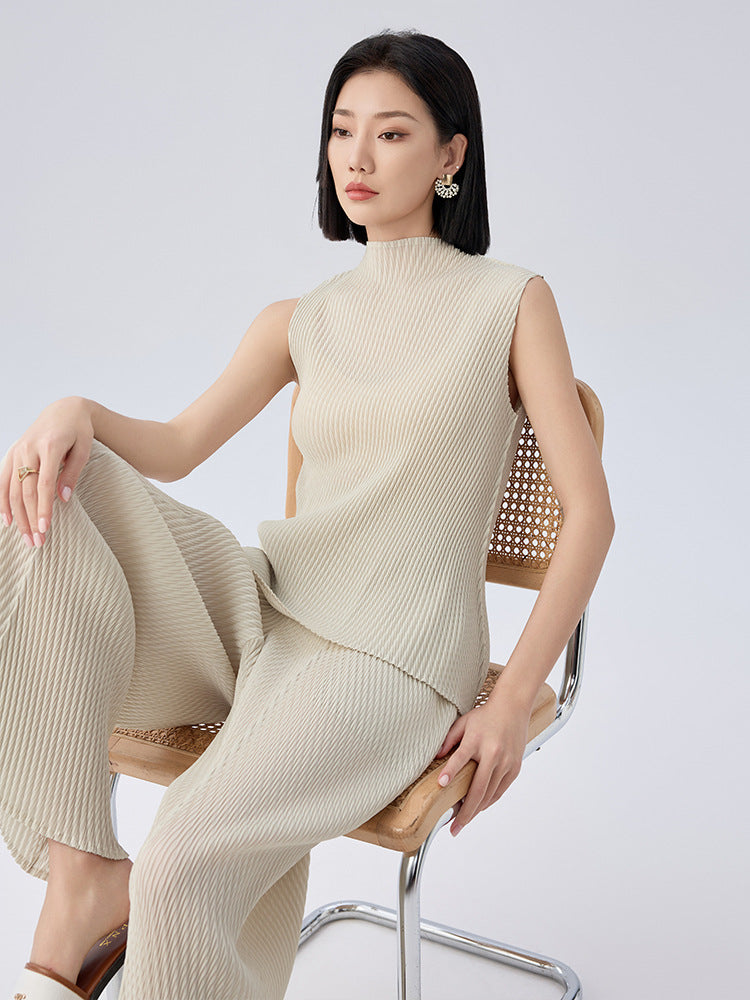 2025 Summer Pleated Two-Piece Set – Sleeveless Top & Wide-Leg Pants, Solid Color Casual Chic