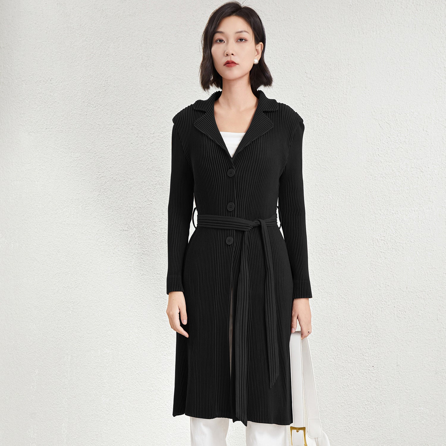 Pleated A-Line Mid-Length Trench Coat – Lace-Up Waist Women’s Outerwear