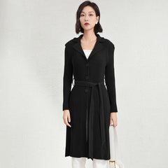 Pleated A-Line Mid-Length Trench Coat – Lace-Up Waist Women’s Outerwear