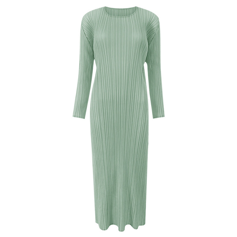 Pleated Solid Color Midi Dress – Slim Long Sleeve Slit Style