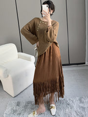 Women’s Fall Pleated Midi Skirt – Fringe Detail High-End Style