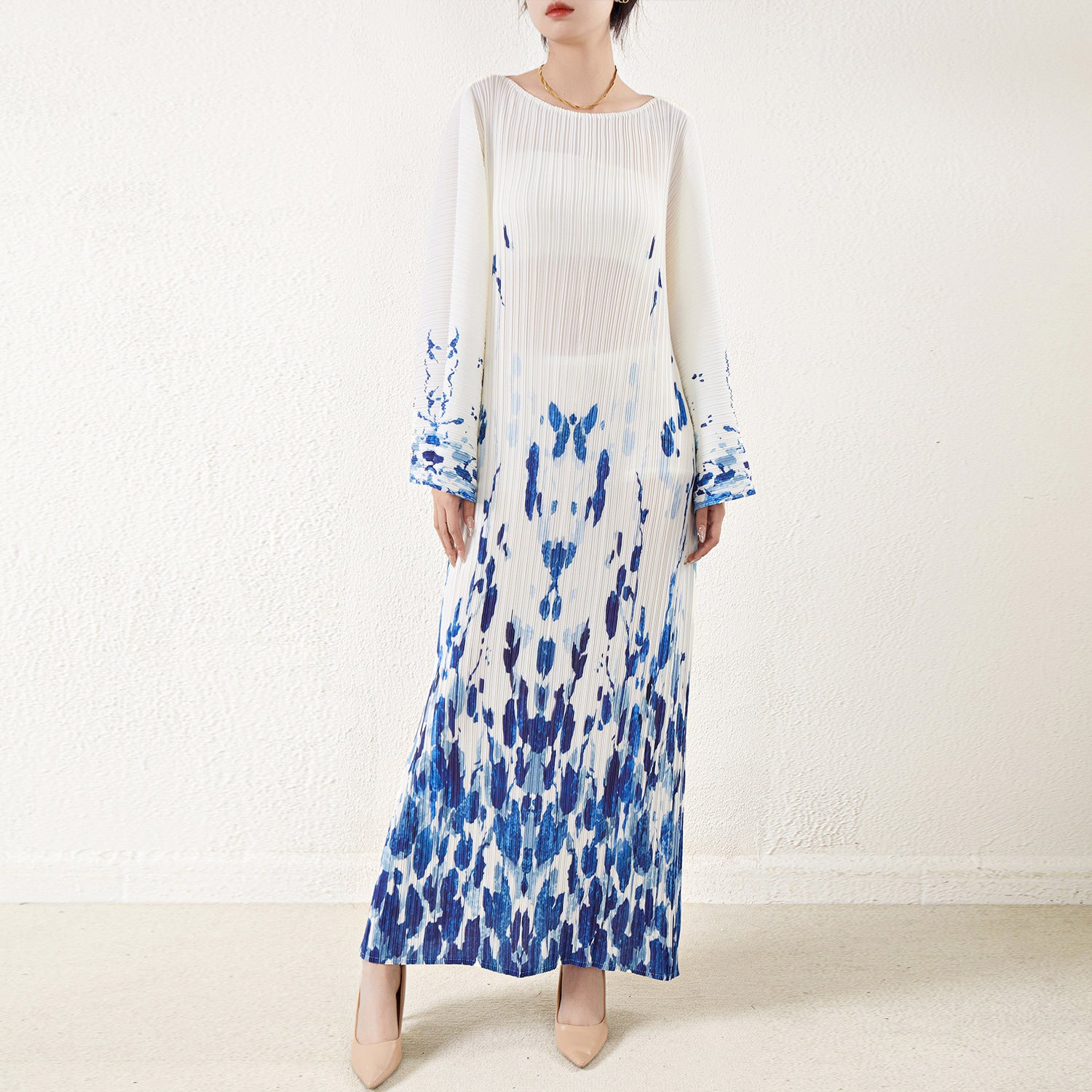 Pleated Printed Lace-Up Straight Dress – Elegant and Modern Women’s Style
