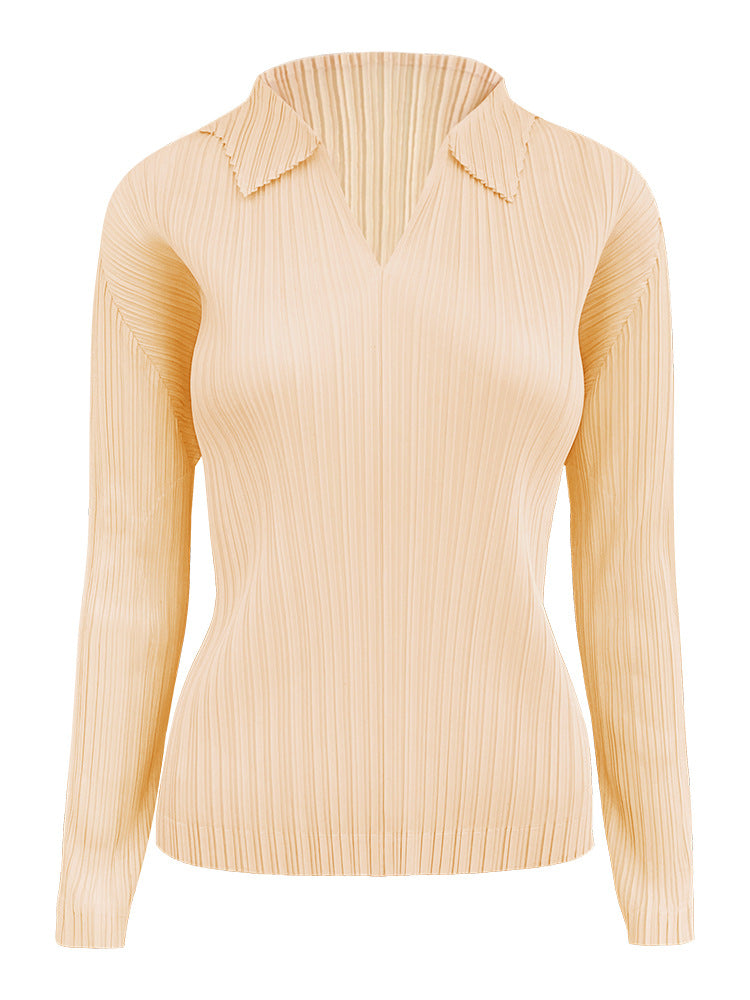 Pleated Polo Collar Top – Slim Fit Long Sleeve Casual Tee
