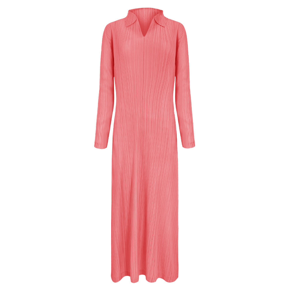 Pleated Polo Collar Dress – Long Sleeve A-Line Casual Style
