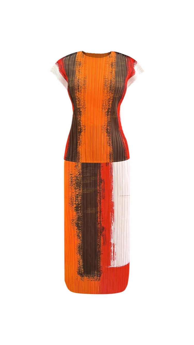 Printed Pleated Two-Piece Set – Sleeveless Top and High-Waist A-Line Skirt