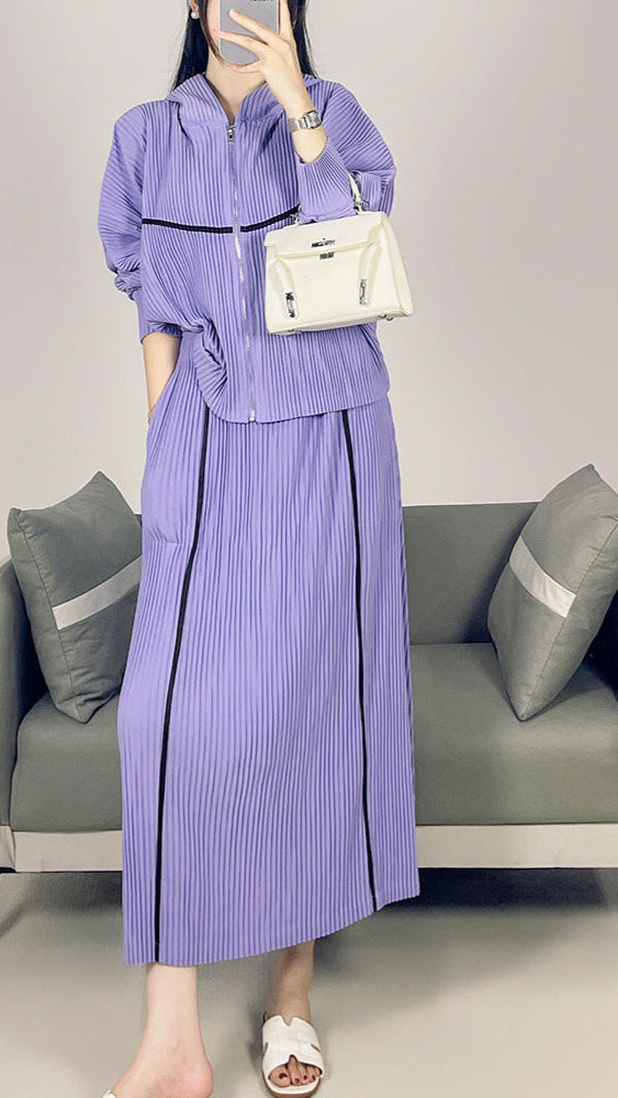 2025 Fall Winter Pleated Two-Piece Set – Sporty Hooded Zipper Jacket & Versatile Skirt