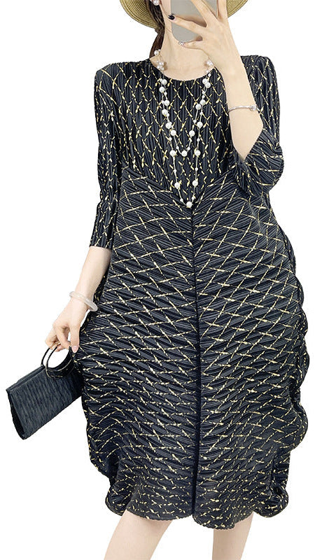 2025 Fall Winter Pleated Metallic Dress – Loose Fit, Elegant Casual Maxi Style for Women