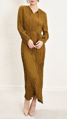 Pleats Please Irregular Pleated Dress – Long-Sleeve Cinched-Waist Elegant Style