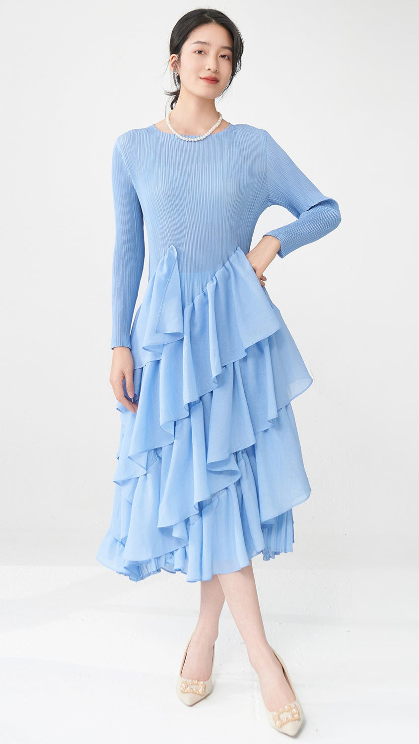 Pleats Please Ruffled Long-Sleeve Dress – Elegant Pleated Midi with Feminine Detail
