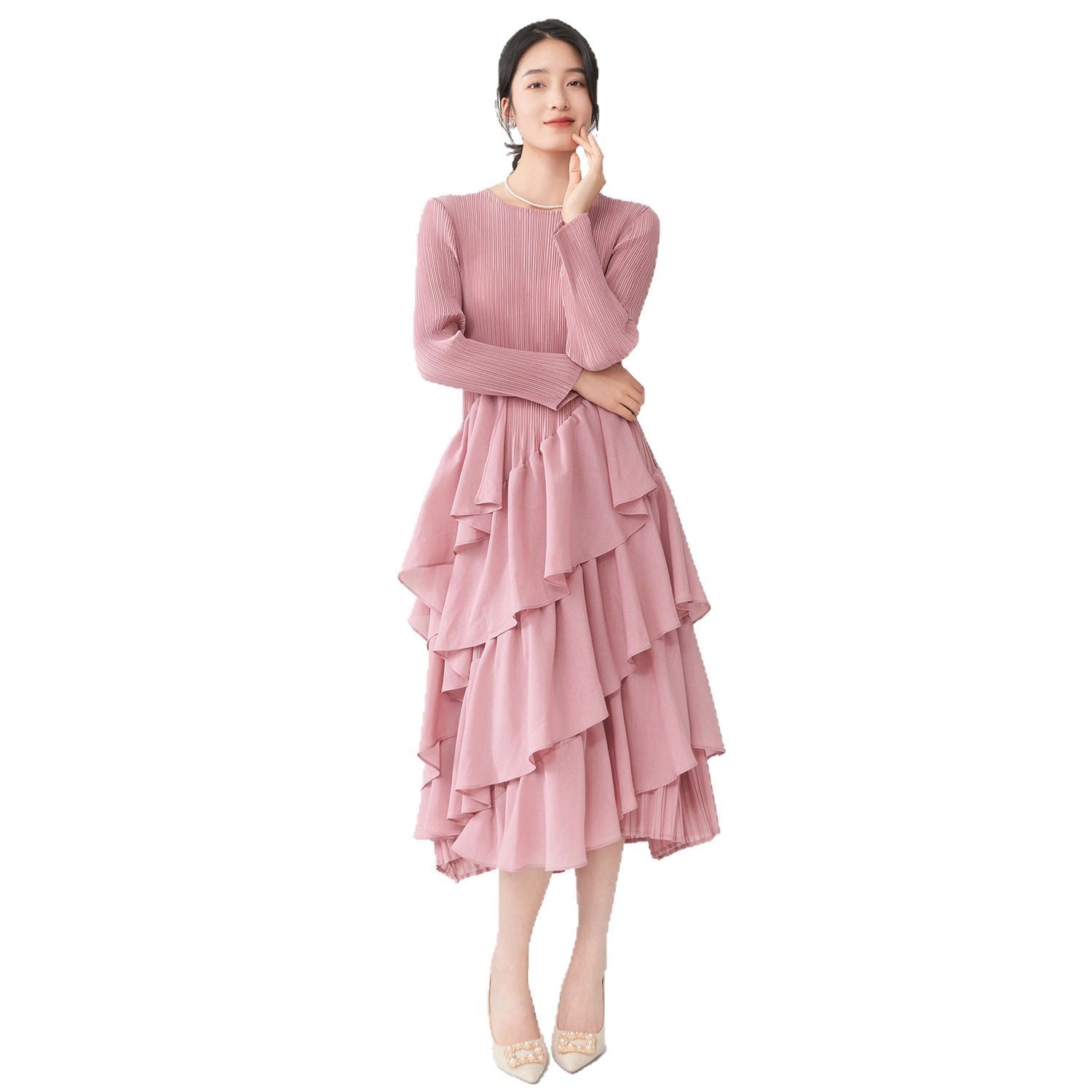 Pleats Please Ruffled Long-Sleeve Dress – Elegant Pleated Midi with Feminine Detail